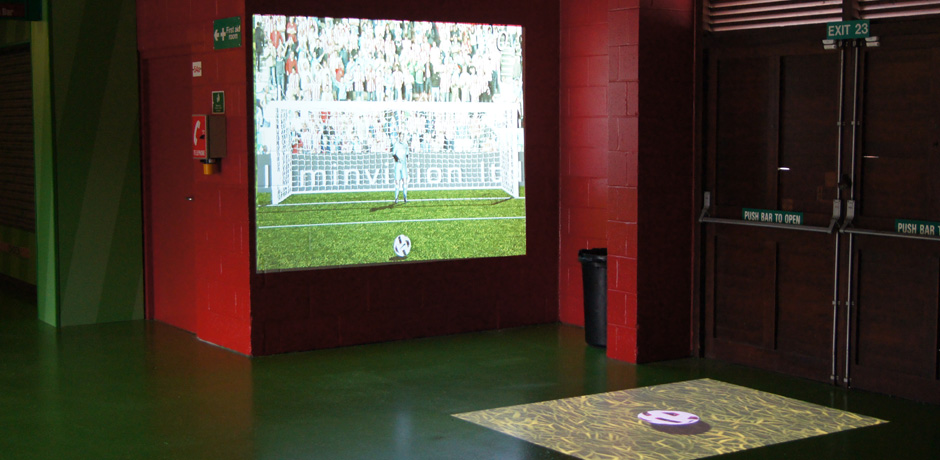 An interactive game where players can kick a virtual soccer ball towards a goal.